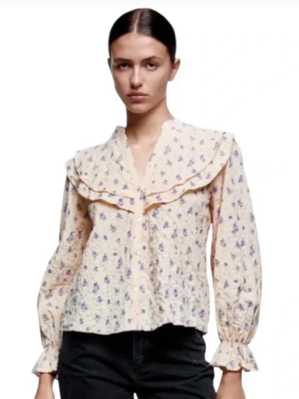 Zara Ruffle Collar Puff Sleeve Button Front Blouse Top Large Cream Purple Floral